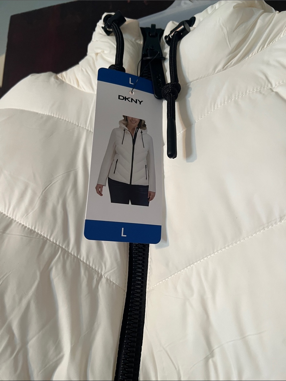 DKNY White Puffer Jacket with Black Trim
